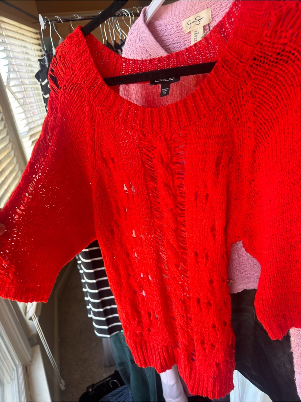 bebe Red Open-Knit Crewneck mesh back Sweater